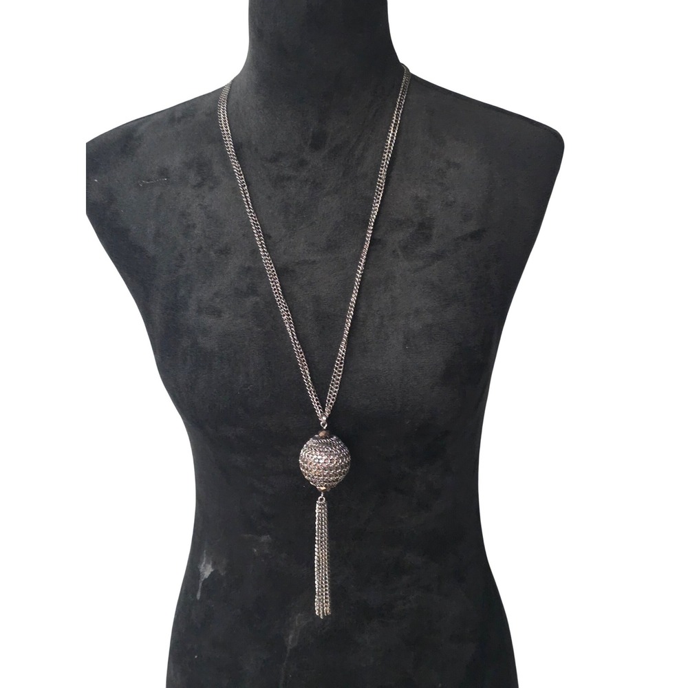 Gunmetal Mesh Orb Tassel Pendant Long Double Chain Necklace Adjustable Edgy